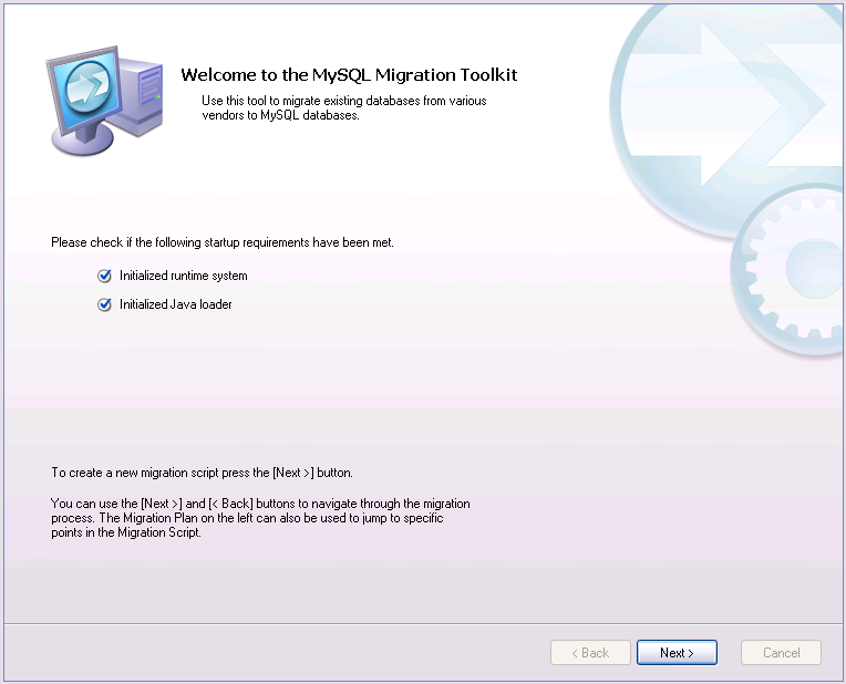 The MySQL Migration Toolkit welcome
          screen