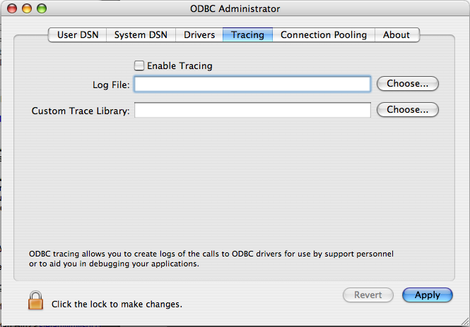 ODBC Administrator Tracing
Dialog