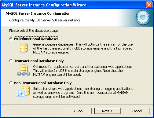 MySQL Server Instance Configuration
            Wizard: Usage ダイアログ