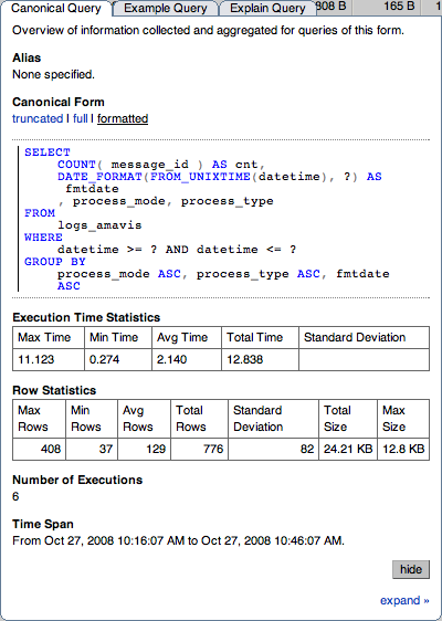 MySQL Enterprise Dashboard: Canonical Query Tab for
              a Query