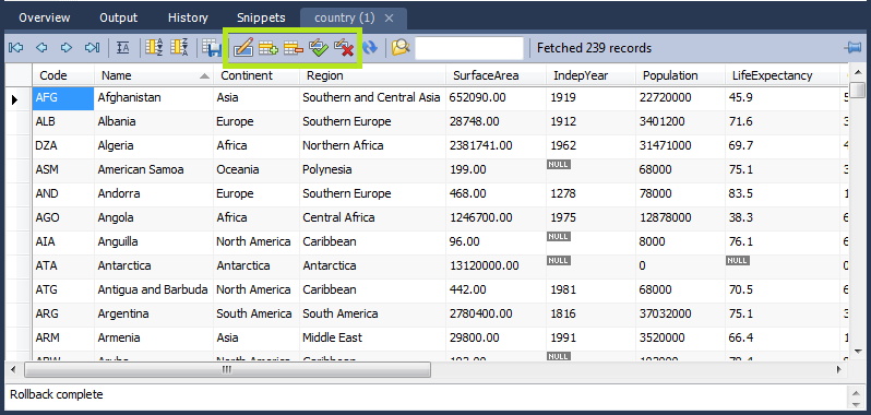 SQL Editor - Live Editing Tabsheet
              Navigation Controls